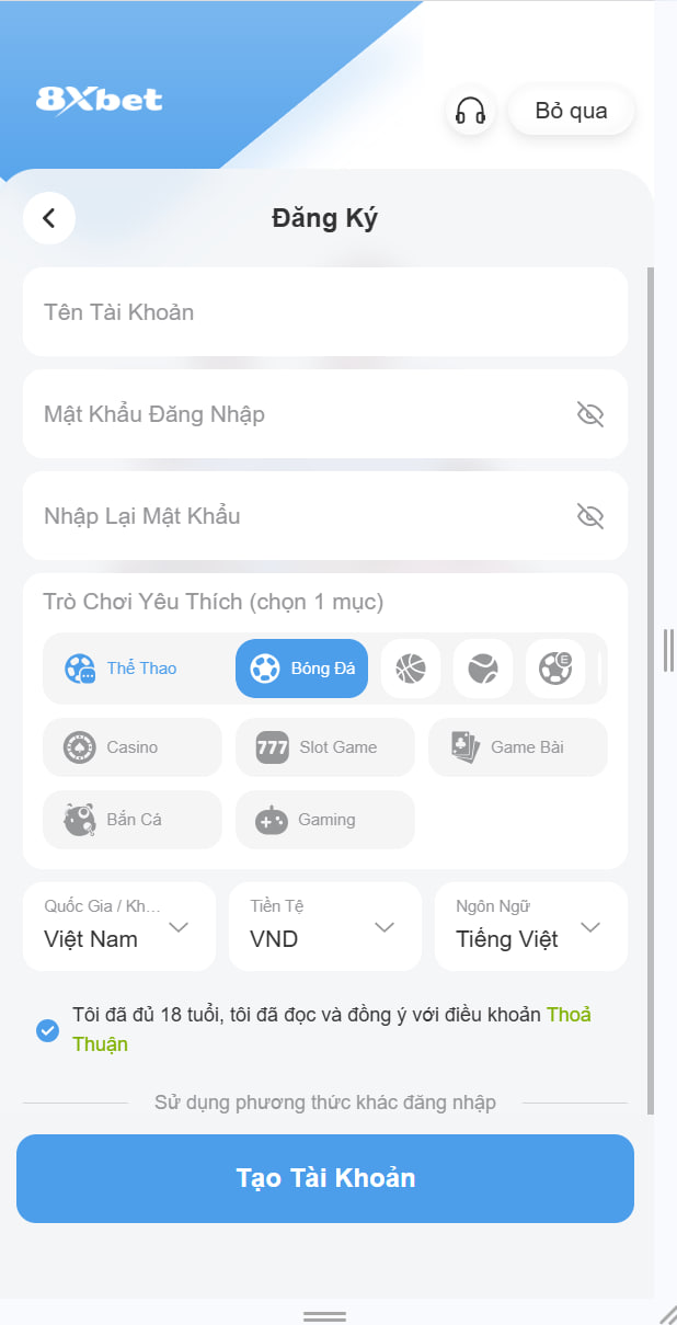 Form nhập thông tin đăng ký tài khoản 8Xbet